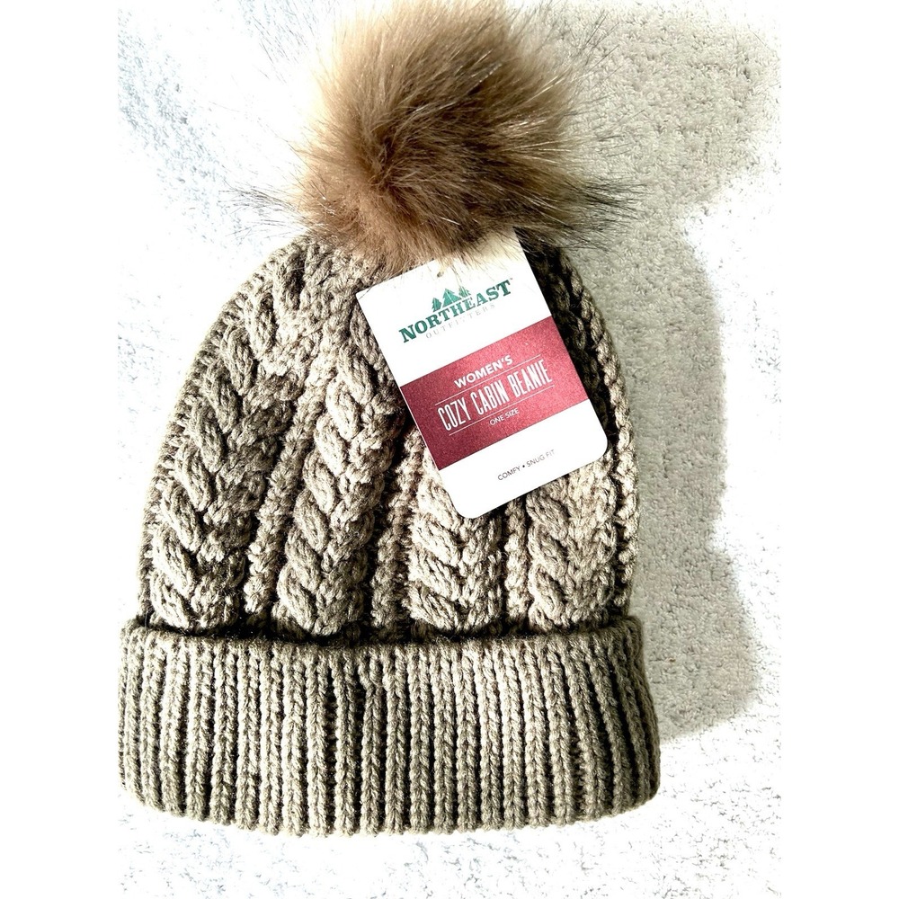Northeast Outfitters Neo Cozy Cabin Adult One Size Fur Pom Beanie Taupe (C5)